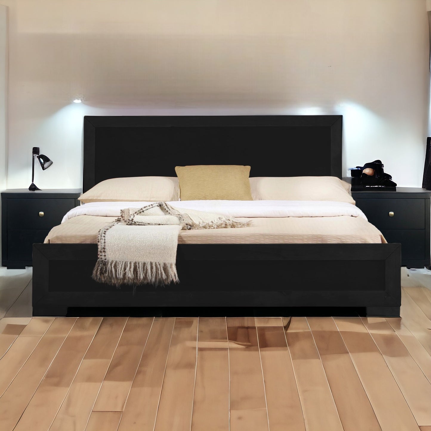 Moma Black Wood Platform Full Bed With Nightstand