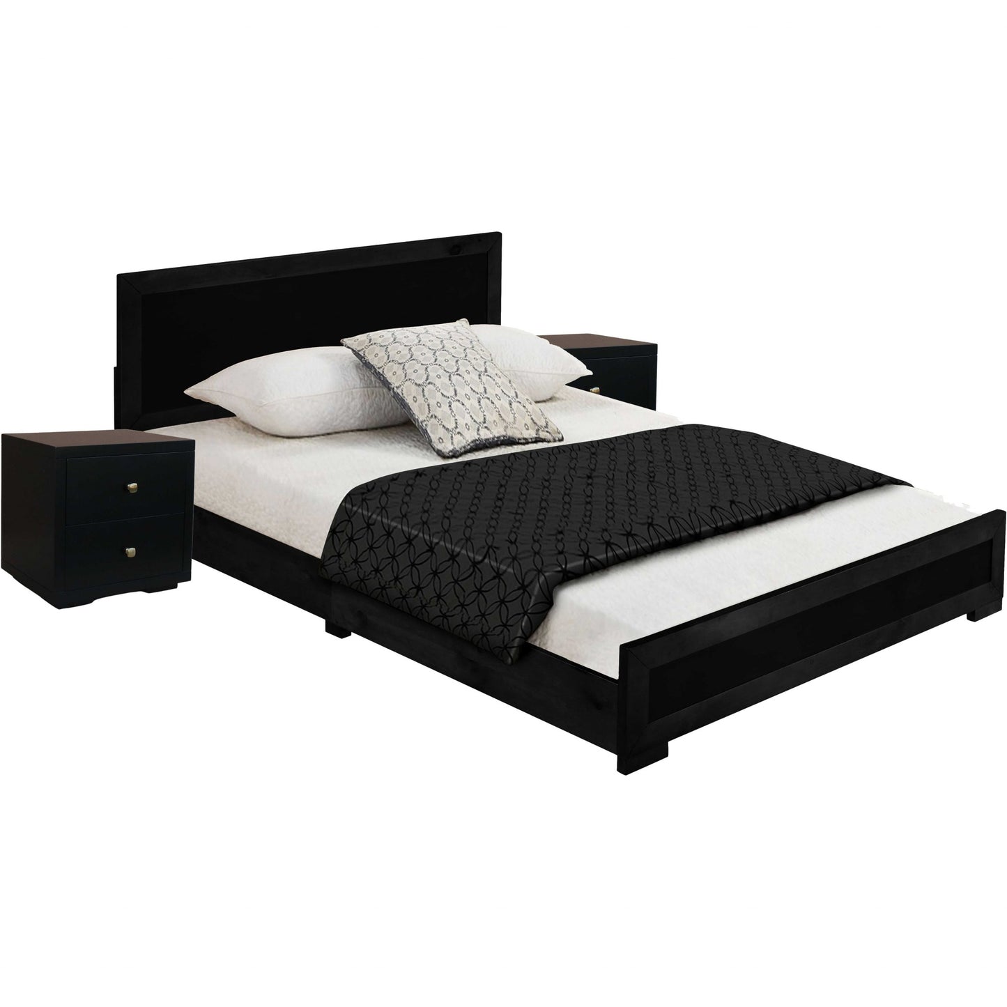 Moma Black Wood Platform Queen Bed With Two Nightstands