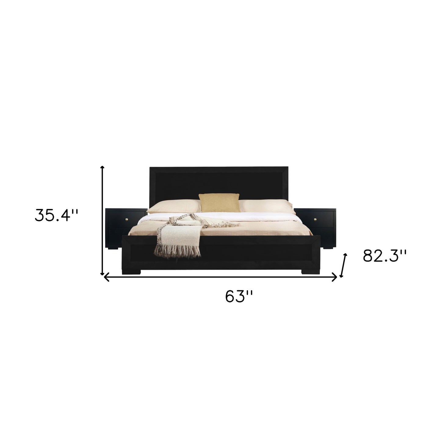 Moma Black Wood Platform Queen Bed With Two Nightstands