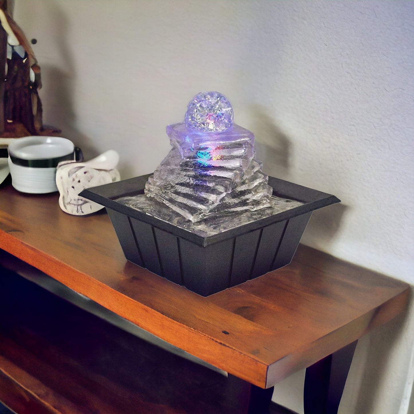 8" Clear Polyresin Ice Design Tabletop Fountain With LED