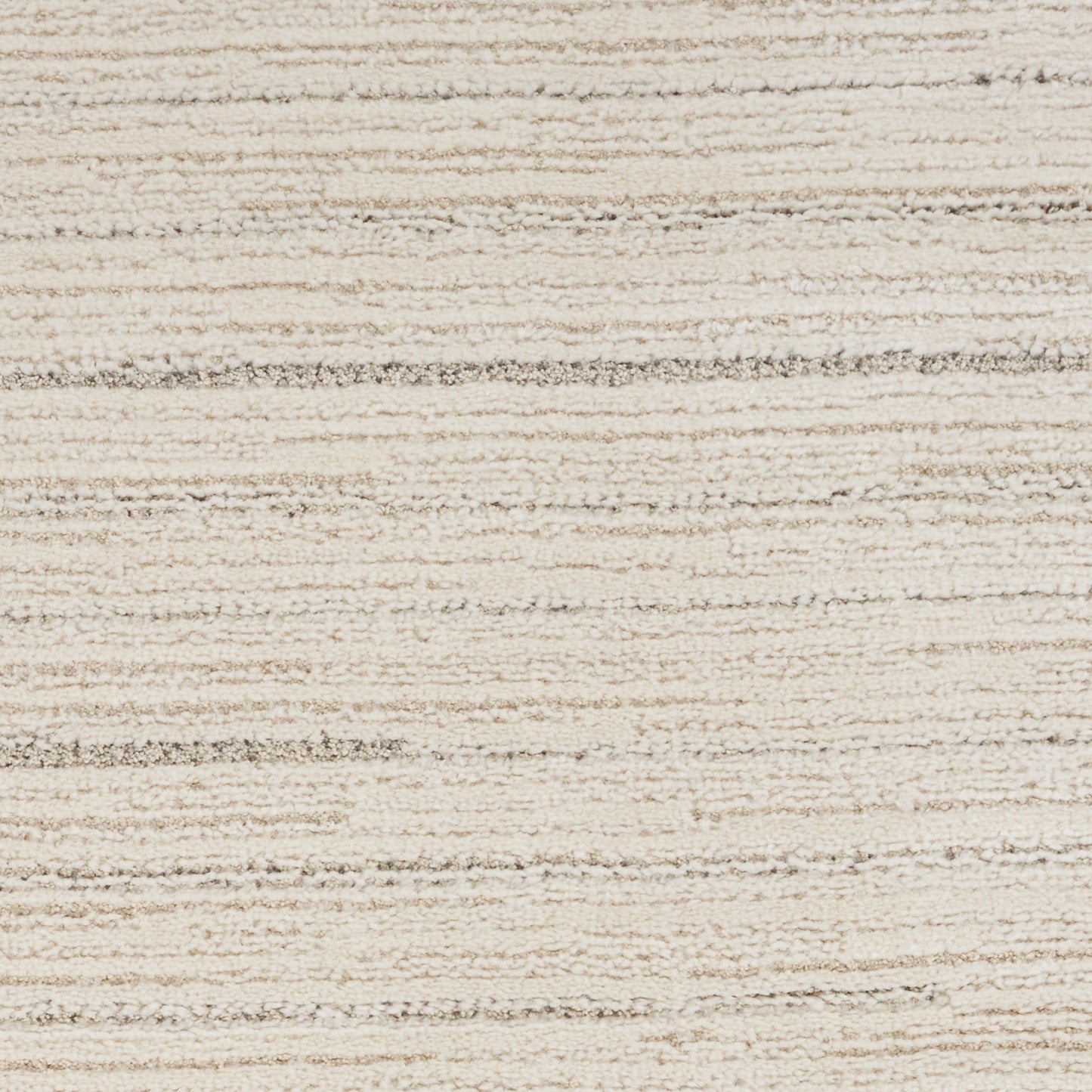 Beige textured rug with cream and taupe horizontal stripes; soft woven surface for living areas.