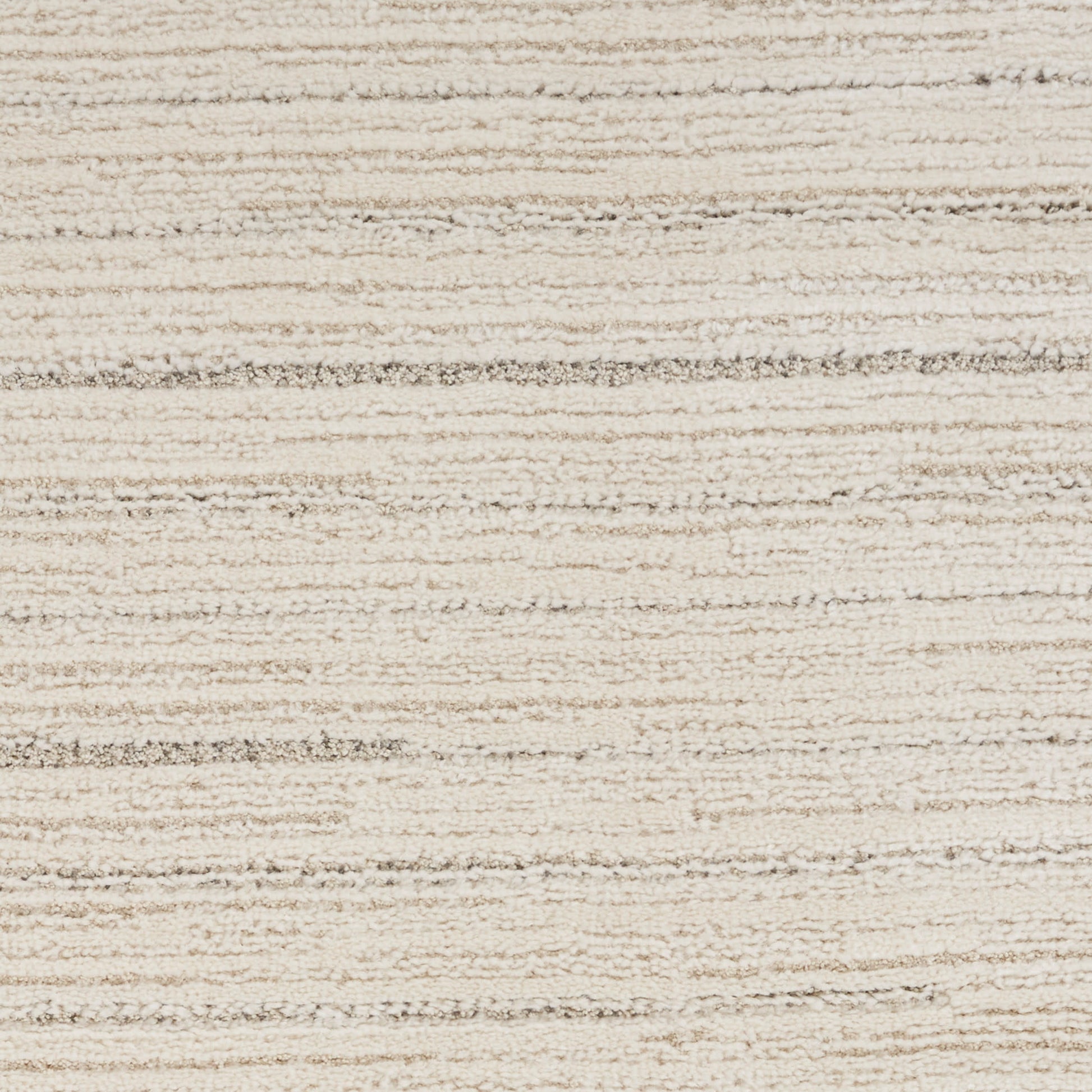 Beige textured rug with cream and taupe horizontal stripes; soft woven surface for living areas.