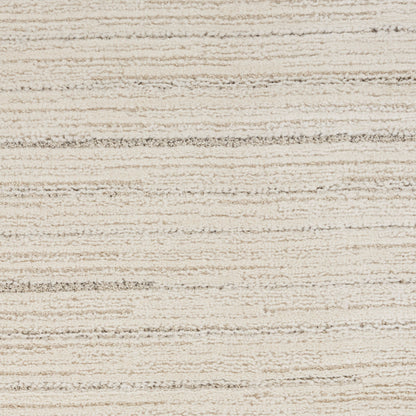 Beige textured rug with cream and taupe horizontal stripes; soft woven surface for living areas.