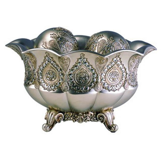 7" Silver Scalloped Design Polyresin Decorative Bowl With Orbs