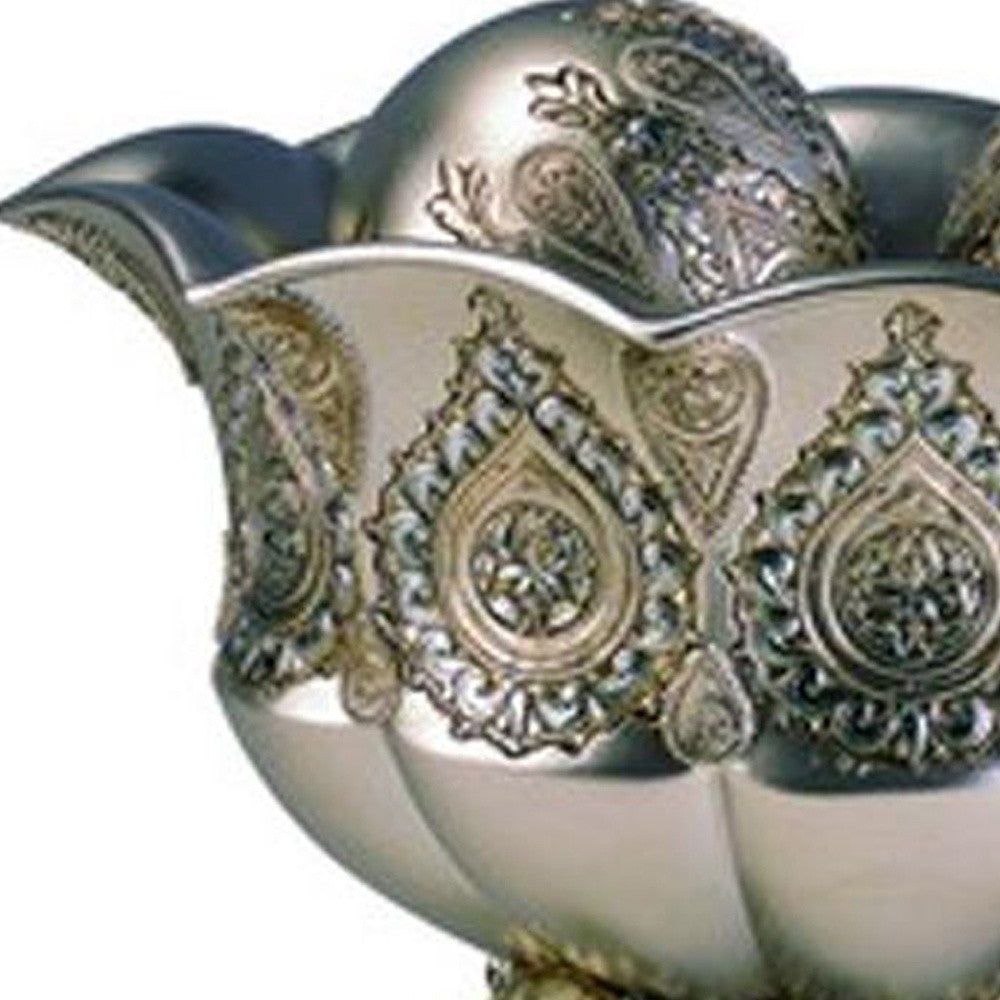 7" Silver Scalloped Design Polyresin Decorative Bowl With Orbs