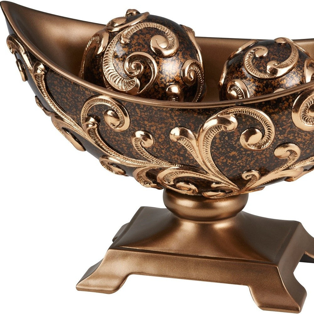 11" Brown And Gold Polyresin Decorative Bowl With Orbs