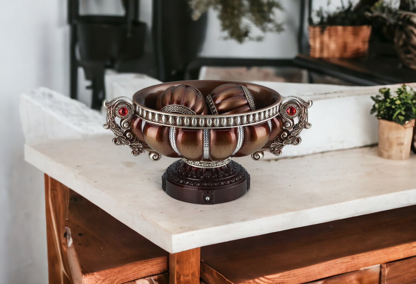 9" Reddish Bronze And Silver Polyresin Decorative Bowl With Orbs