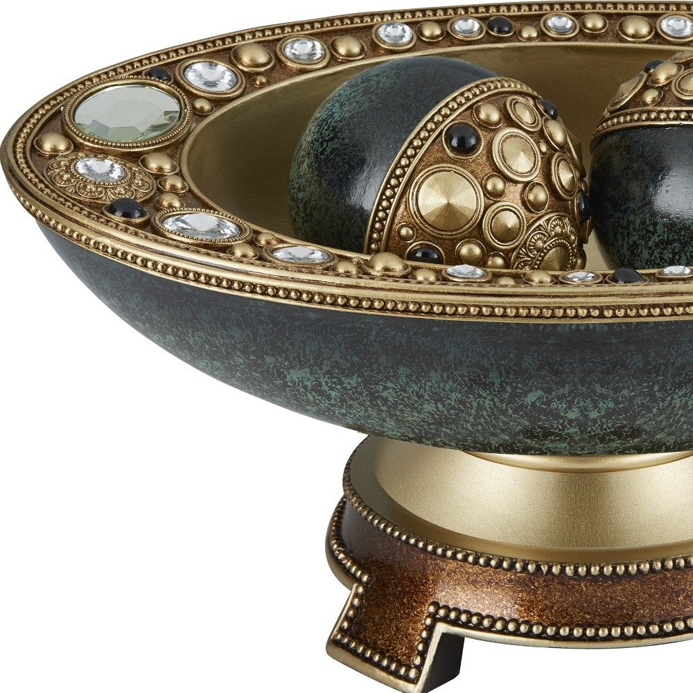 8" Marbleized Green And Gold Polyresin Decorative Bowl With Orbs