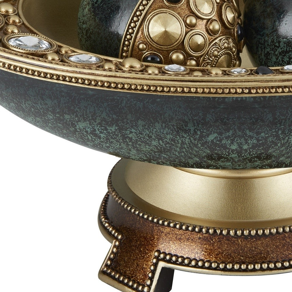 8" Marbleized Green And Gold Polyresin Decorative Bowl With Orbs