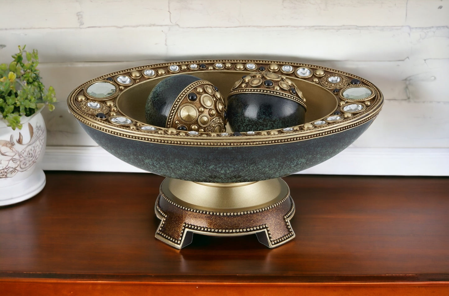 8" Marbleized Green And Gold Polyresin Decorative Bowl With Orbs