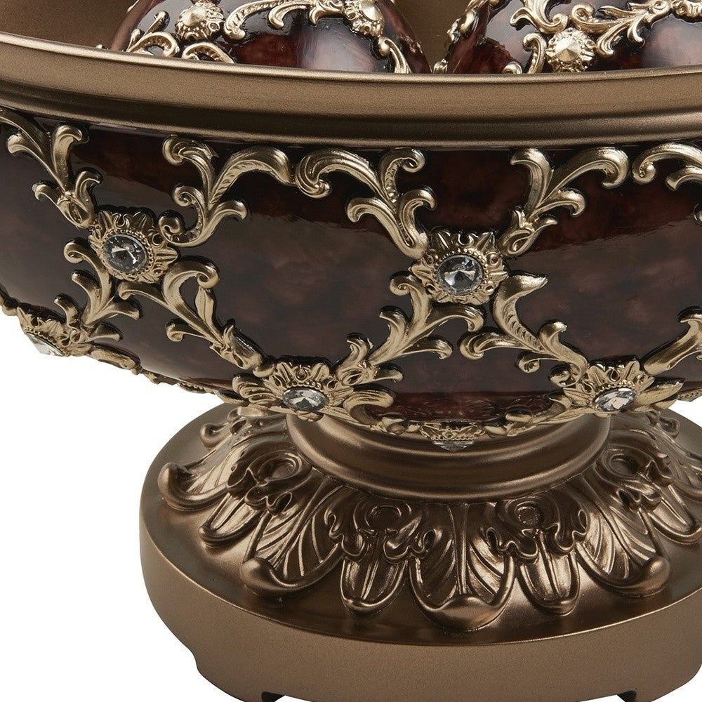 8" Matte Gold and Bling Polyresin Decorative Bowl With Orbs