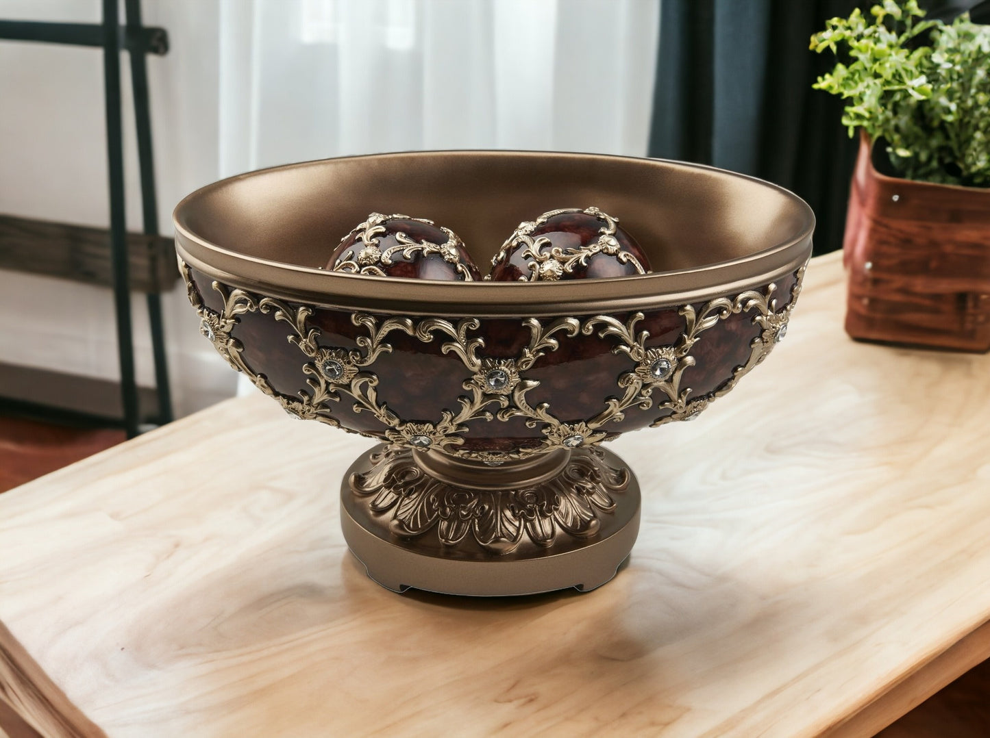 8" Matte Gold and Bling Polyresin Decorative Bowl With Orbs