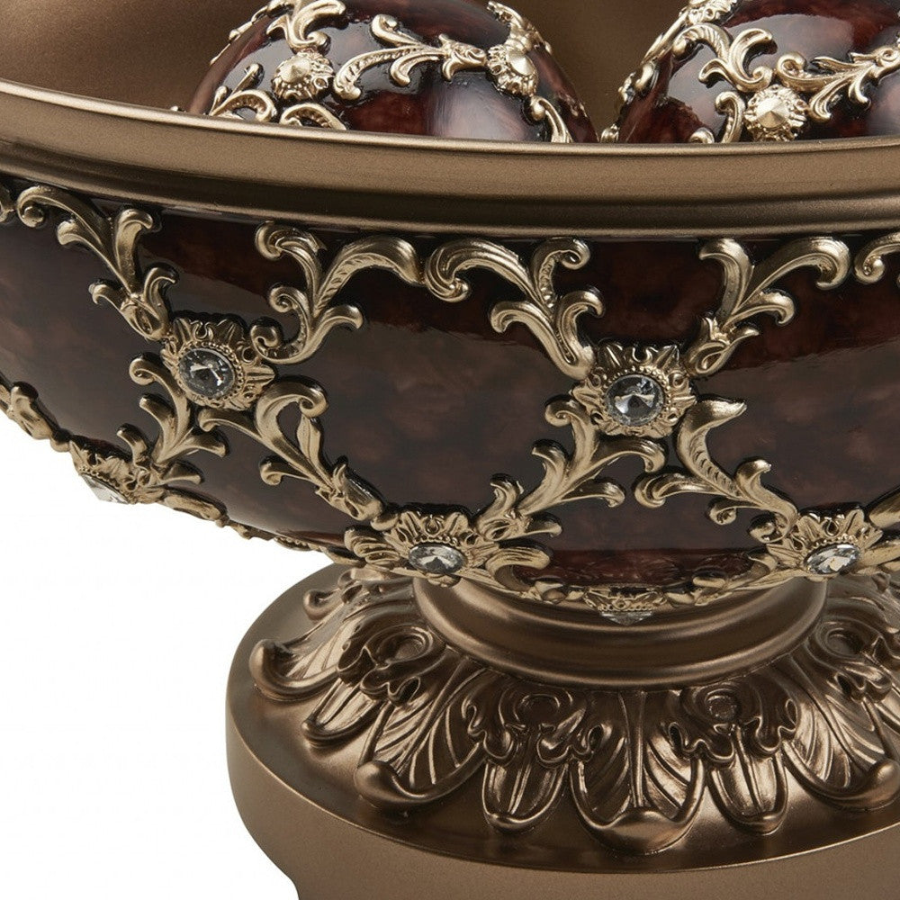 8" Matte Gold and Bling Polyresin Decorative Bowl With Orbs