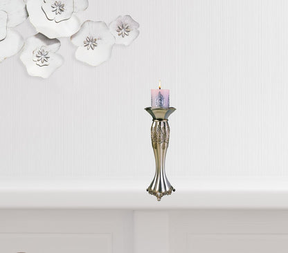 Set of Two Silver Metallic Polyresin Ornate Tabletop Pillar Candle Holders With Candle