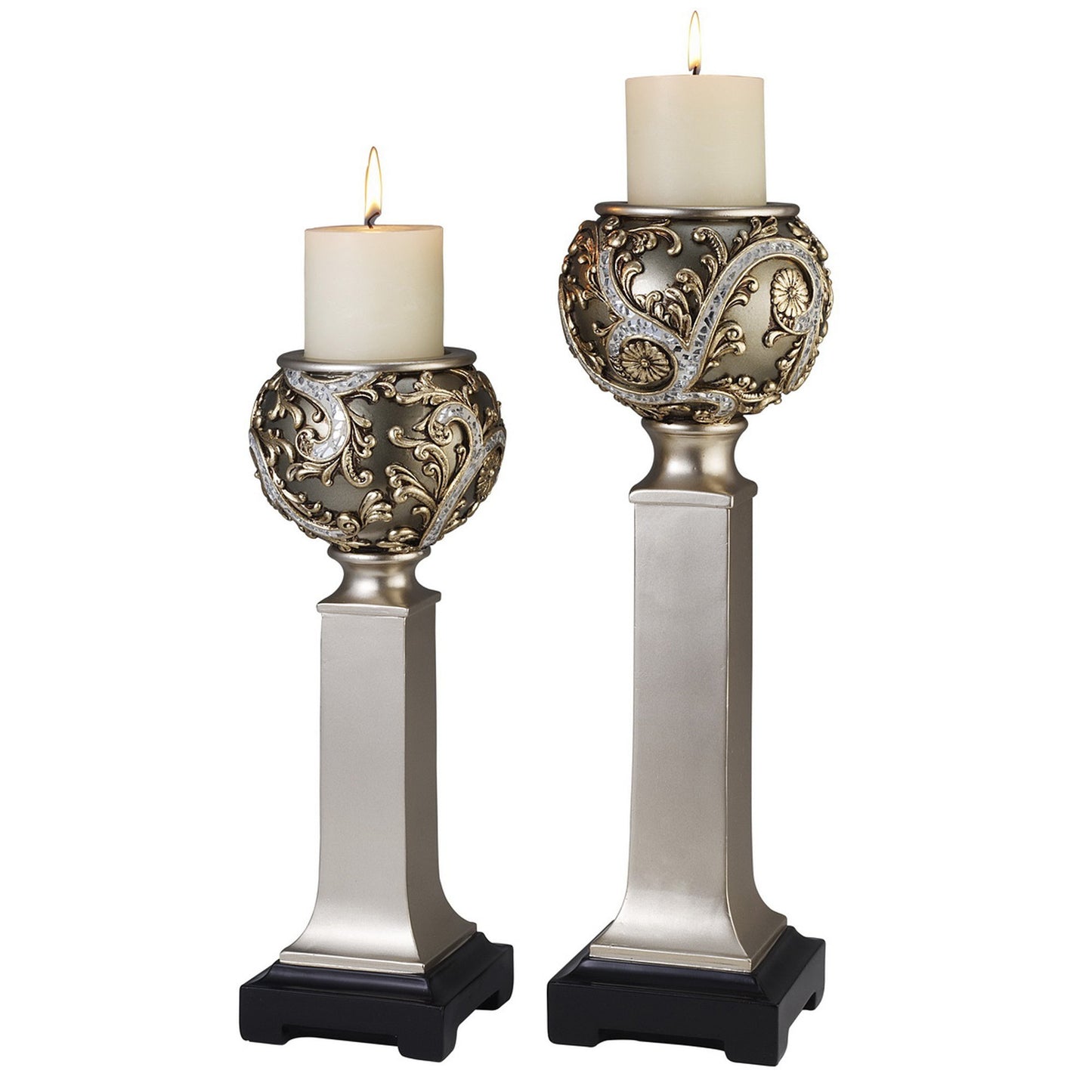 Set Of Two Silver Ball Tabletop Pillar Candle Holders