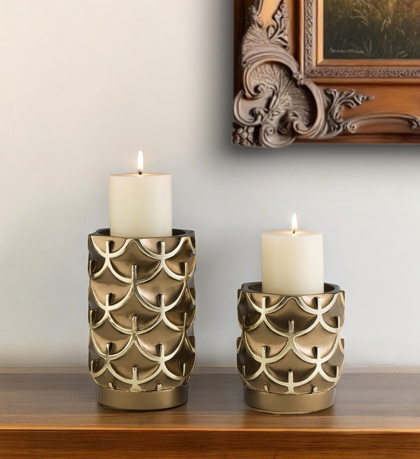 Set Of Two Antiqued Brass Tabletop Pillar Candle Holders