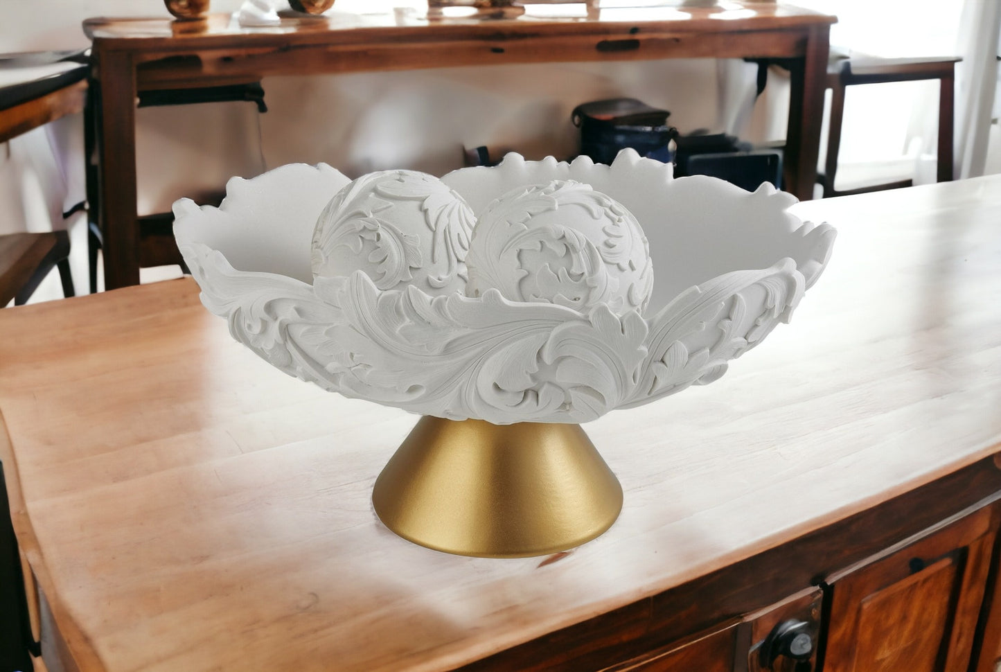 9" Matte Gold And White Polyresin Decorative Bowl With Orbs