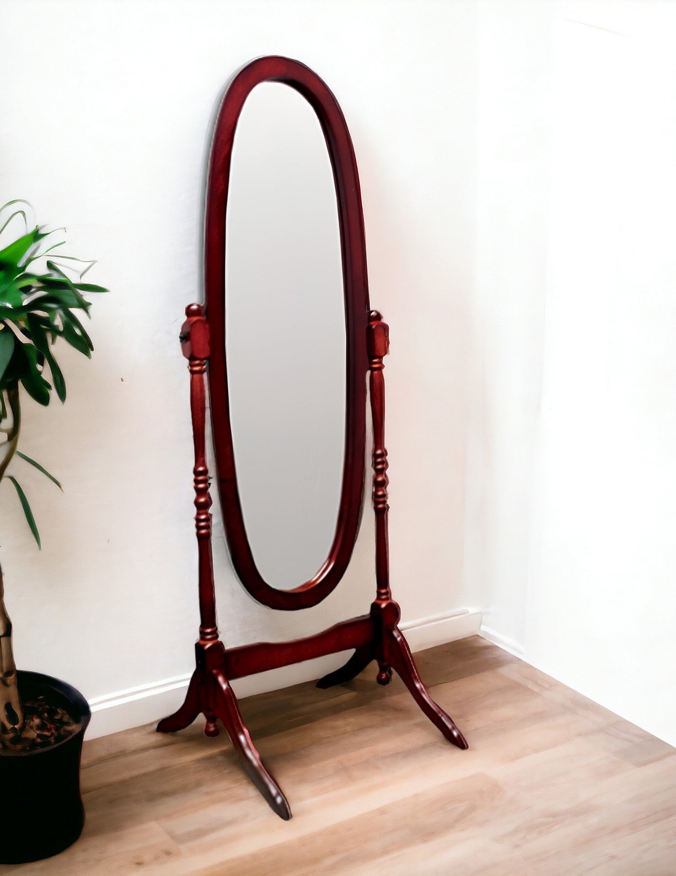 59" Brown Cherry Oval Framed Cheval Standing Mirror