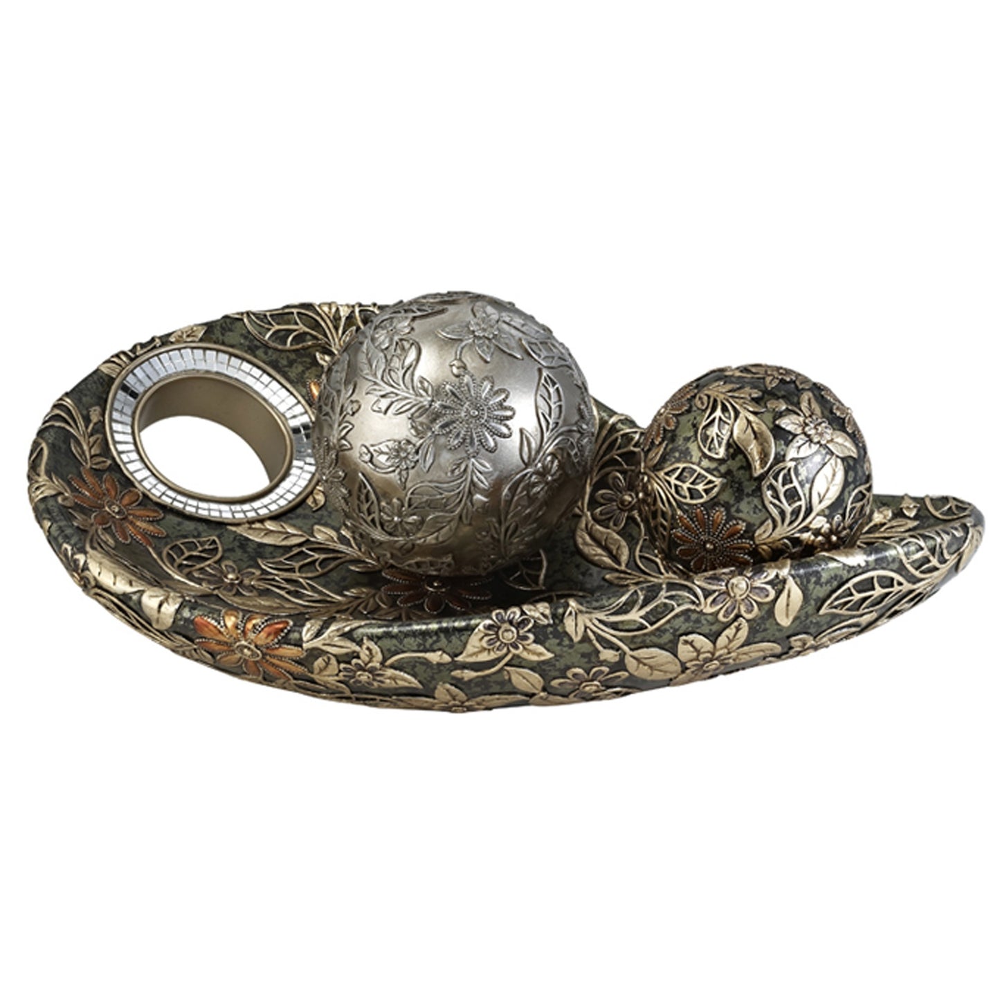 8" Green Silver And Gold Polyresin Decorative Bowl With Orbs
