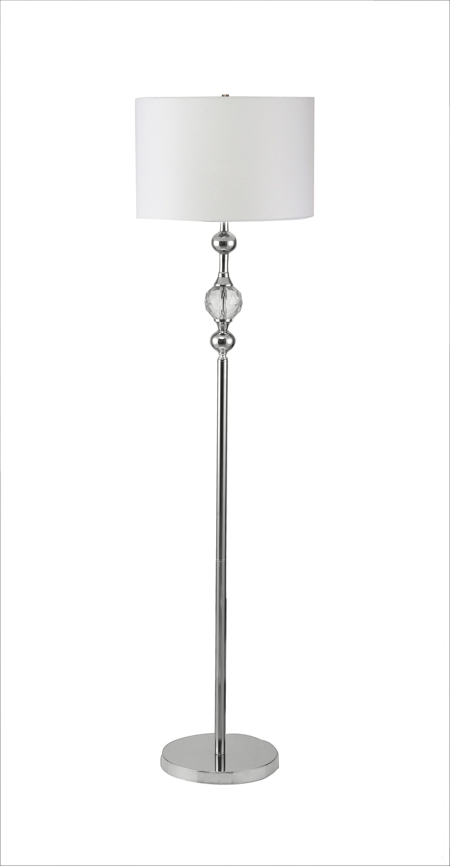 63" Chrome and Crystal Orb Shaped Floor Lamp With White Drum Shade