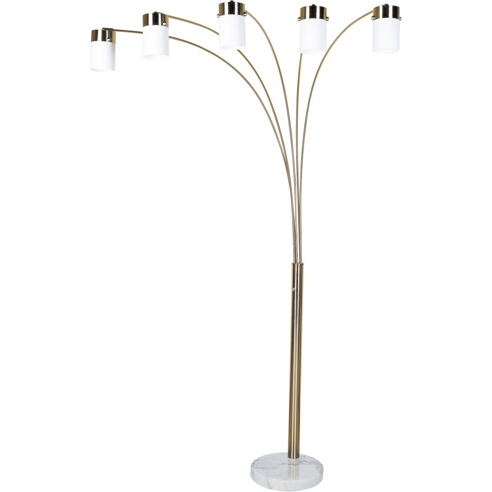 84" Gold And White Five Light Arched Floor Lamp With White Acrylic Drum Shade