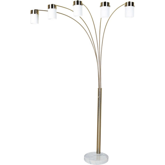 84" Gold And White Five Light Arched Floor Lamp With White Acrylic Drum Shade