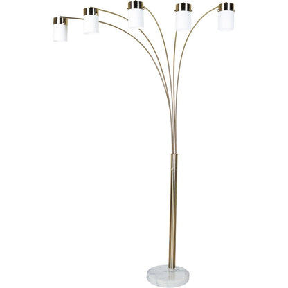 84" Gold And White Five Light Arched Floor Lamp With White Acrylic Drum Shade