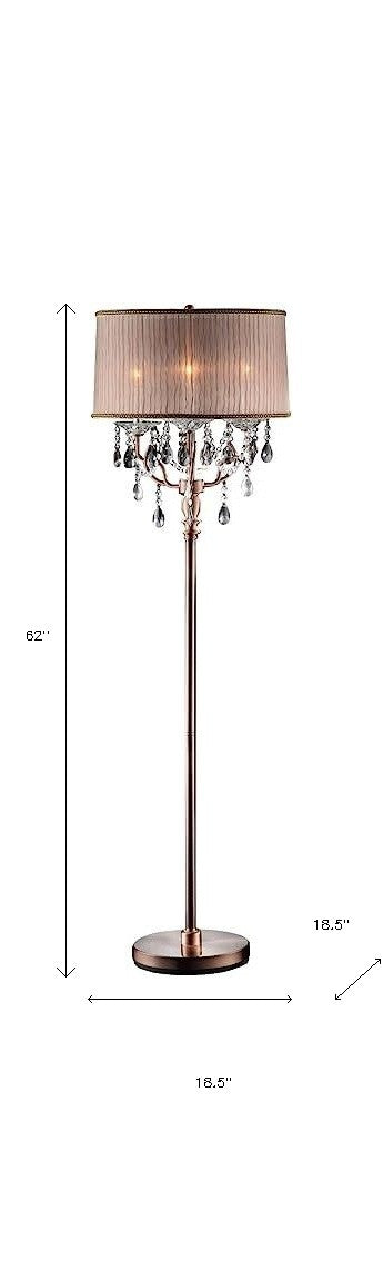 62" Steel Three Light Candelabra Floor Lamp With Silvery Pink Drum Shade