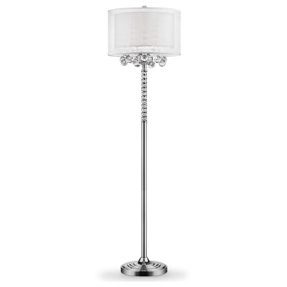 63" Silver Three Light Candelabra Floor Lamp With White Fabric Drum Shade