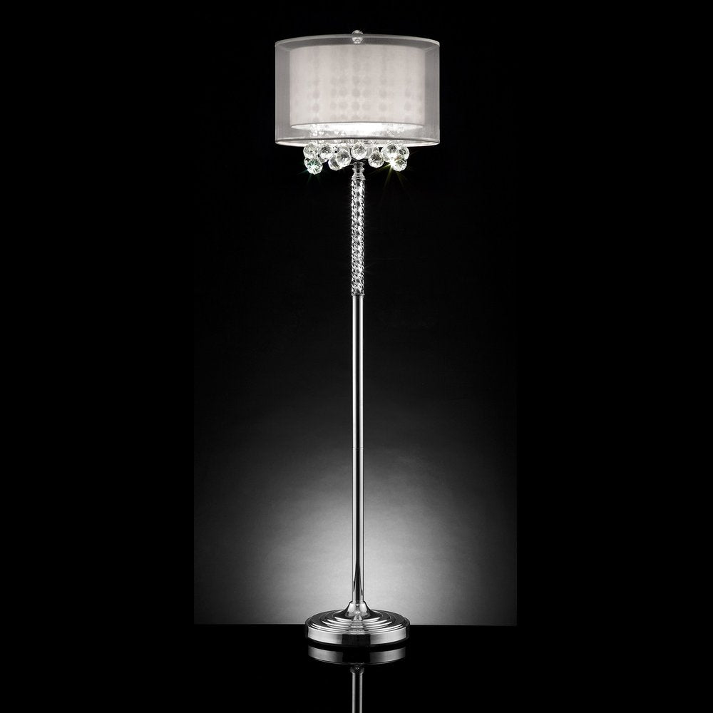 63" Silver Three Light Candelabra Floor Lamp With White Fabric Drum Shade