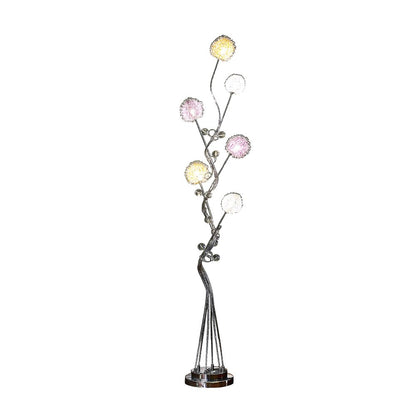 59" Silver Six Light LED Novelty Floor Lamp With Purple And White Metal Novelty Shade