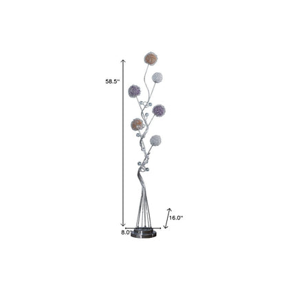 59" Silver Six Light LED Novelty Floor Lamp With Purple And White Metal Novelty Shade