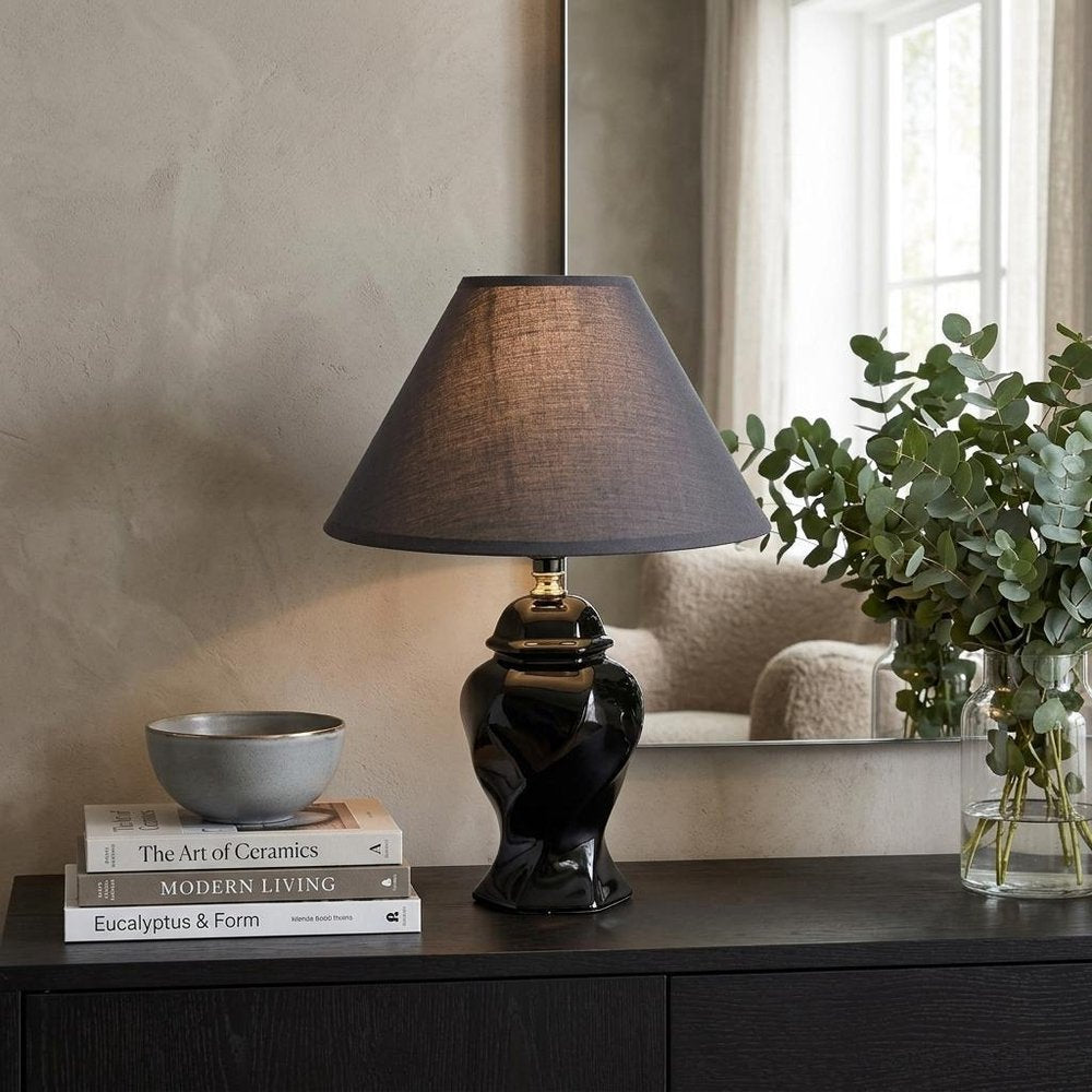 13" Black Ceramic Bedside Table Lamp With Black Shade