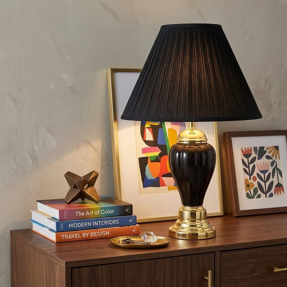 27" Ivory and Gold Ceramic Urn Table Lamp With Off White Empire Shade