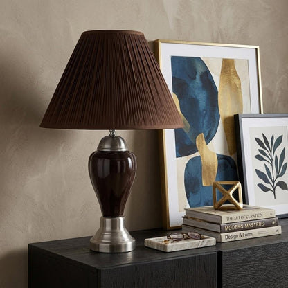 27" Silver Ceramic Urn Bedside Table Lamp With Brown Empire Shade