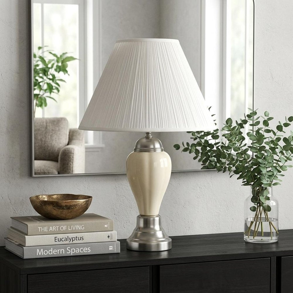 27" Ivory and Silver Ceramic Urn Table Lamp With White Empire Shade