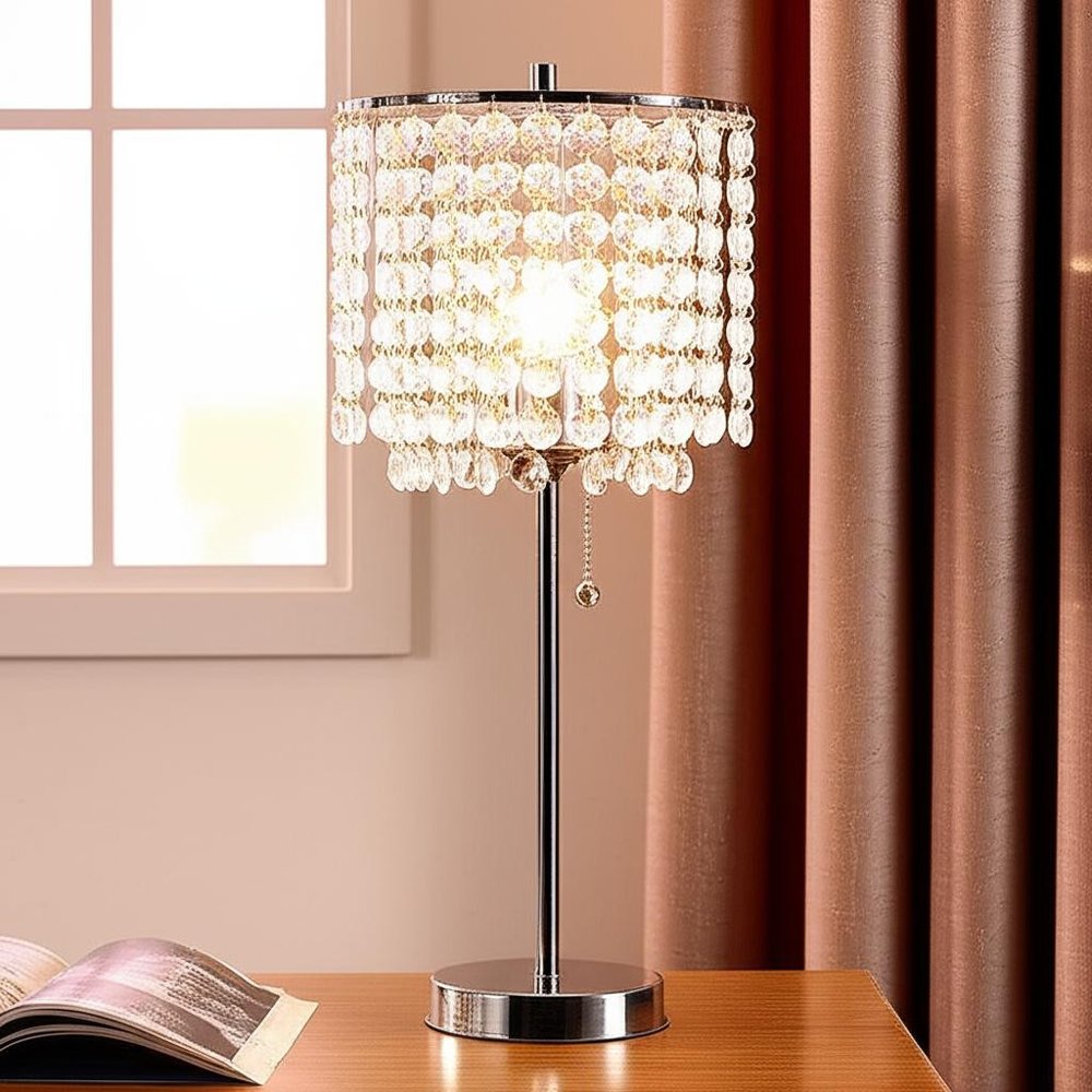 20" Silver Metal Bedside Table Lamp With Clear Drum Shade