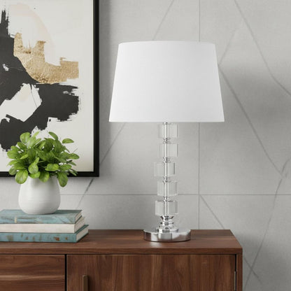 20" Silver Crystal Stacked Geo Cubes Table Lamp With White Classic Empire Shade