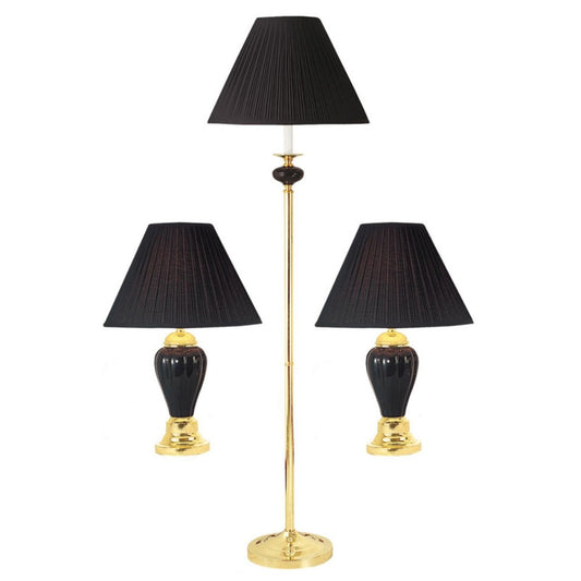 Set Of Three 64" Gold and White Ceramic Bedside Floor and Table Lamp Set With Off White Empire Shade