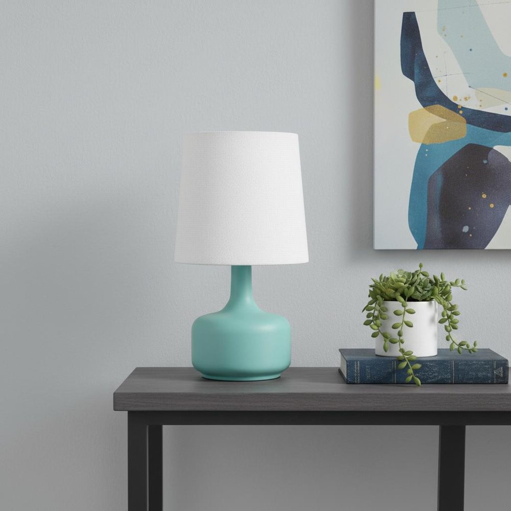 17" White Metal Bedside Table Lamp With Off-White Shade