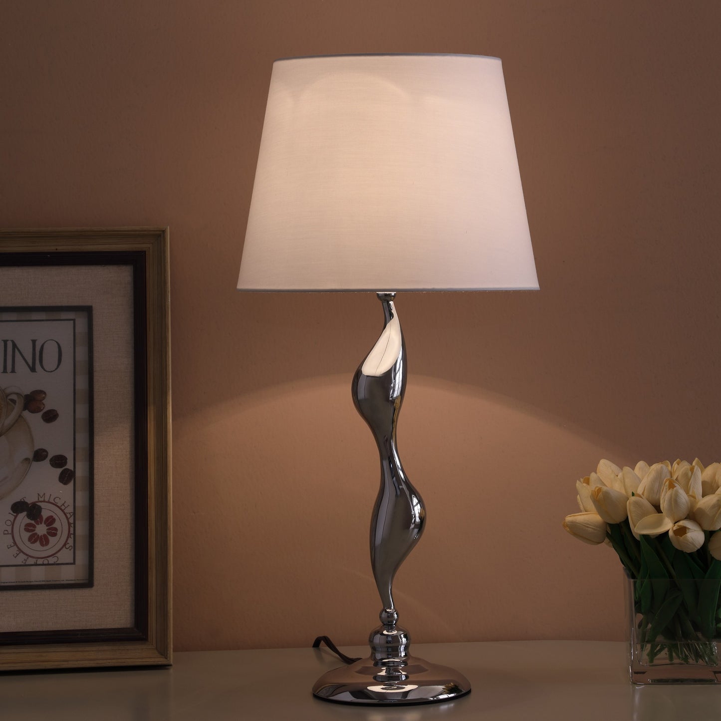 24" Silver Bedside Table Lamp With White Empire Shade