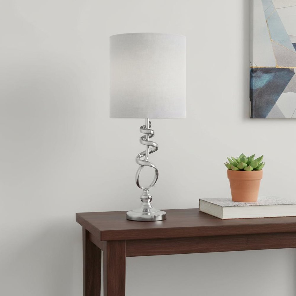 22" nickel bedside table lamp with an off-white drum shade