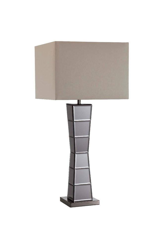 Black glass tower table lamp with a tall, stacked base and a rectangular beige fabric shade.