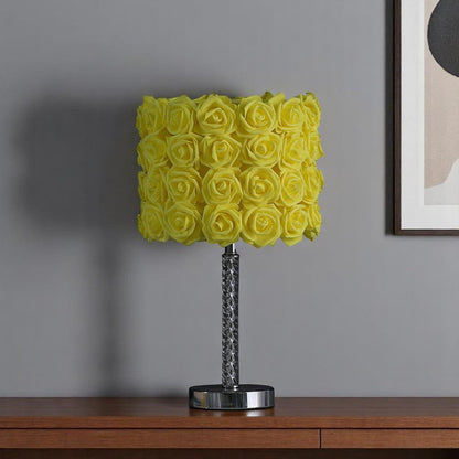 18" Silver Bedside Table Lamp With Yellow Flowers Drum Shade