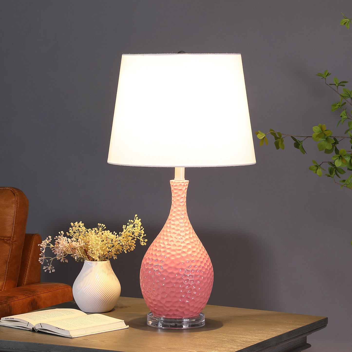 28" Pink Hammered Urn Table Lamp With White Tapered Drum Shade