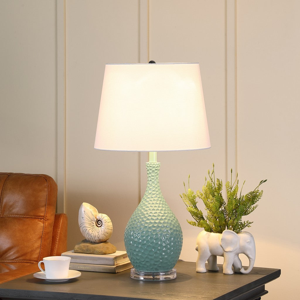 28" Aqua Hammered Urn Table Lamp With White Tapered Drum Shade