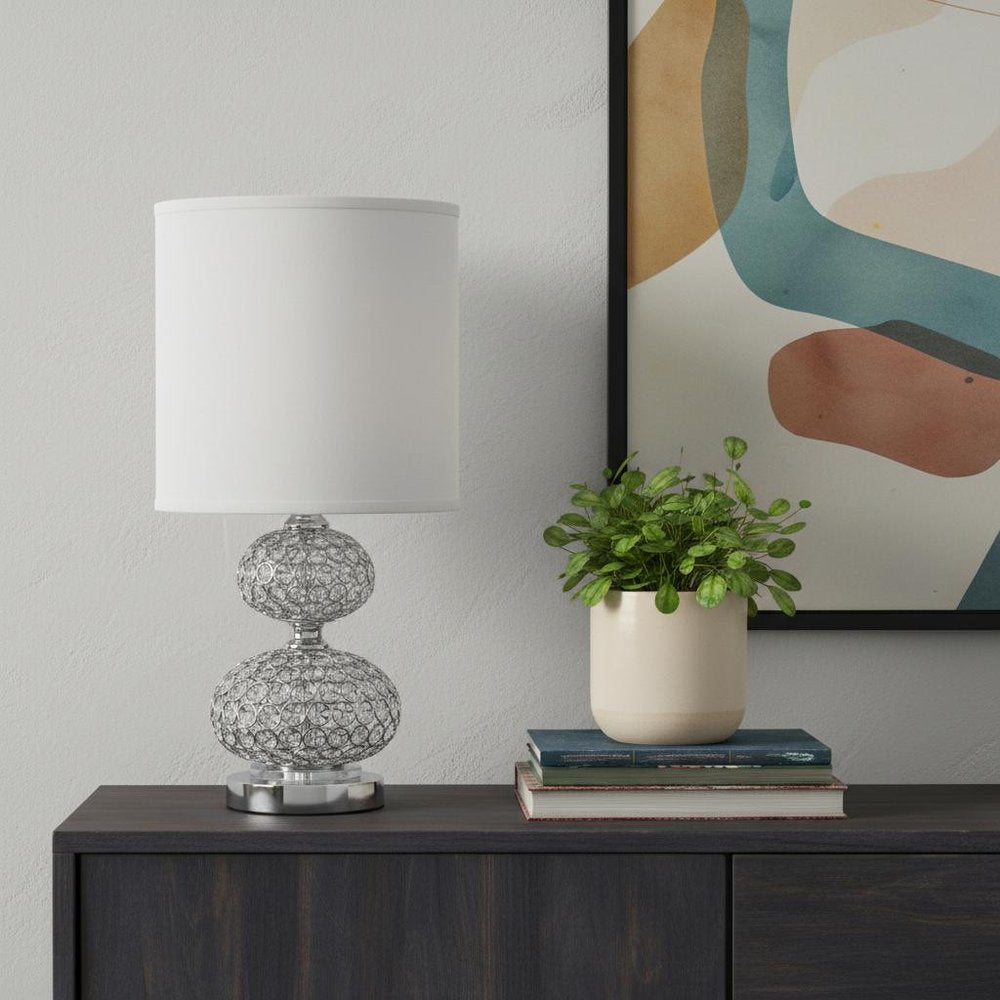 24" Chrome and Faux Crystal Double Orb Table Lamp With White Classic Drum Shade