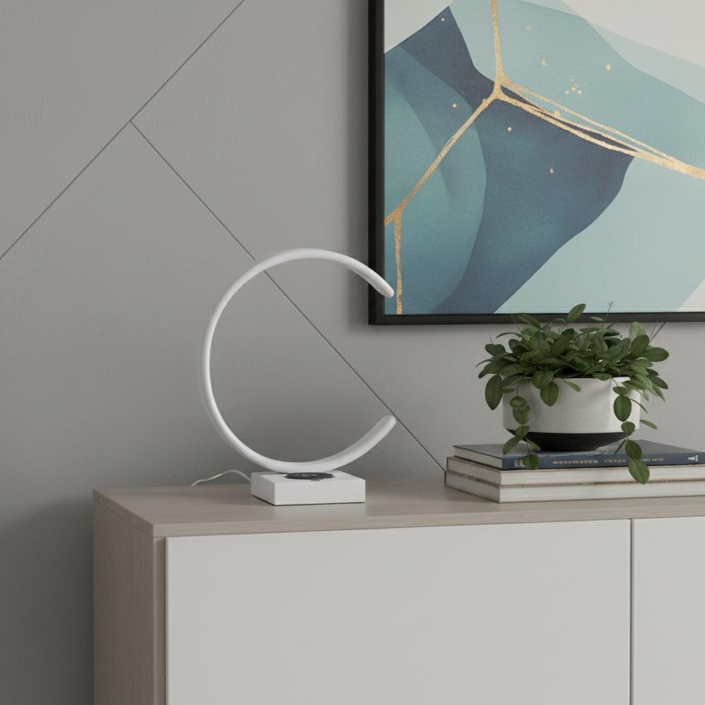 14" White Metal LED with USB Wireless Charger Table Lamp