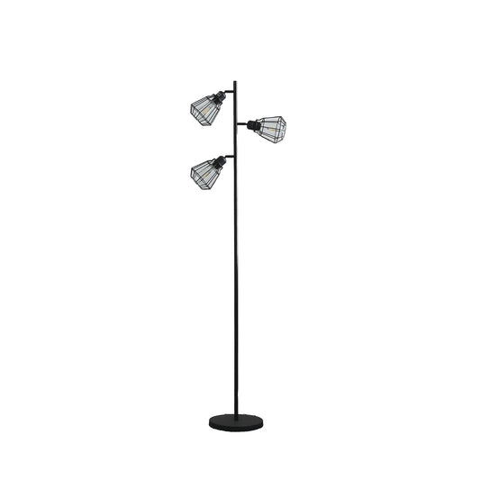 66" Black Three Light Tree Floor Lamp With Black Metal Cage Shade