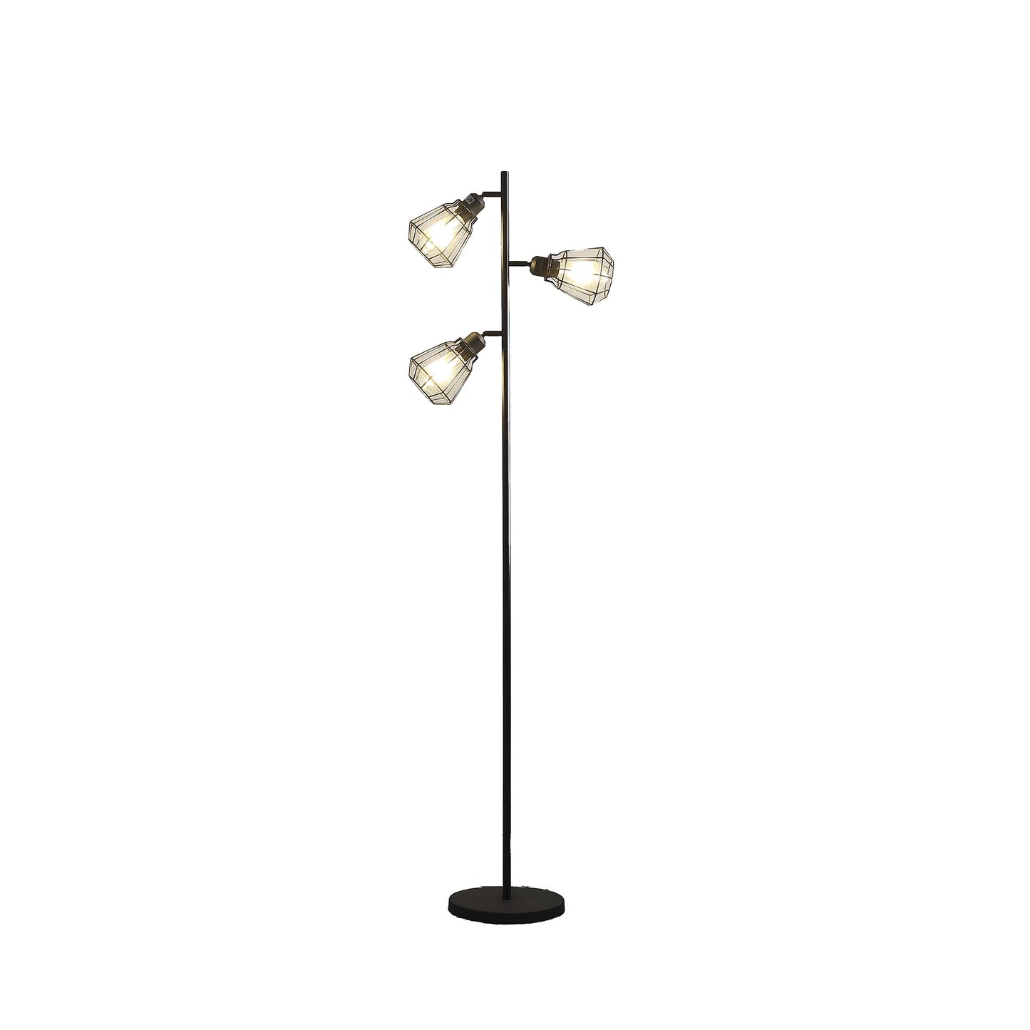 66" Black Three Light Tree Floor Lamp With Black Metal Cage Shade